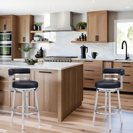 Armen Living Madrid 26" Counter Height Swivel Black Faux Leather and Brushed Stainless Steel Bar Stool LCMABABSBL26